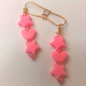 Pink Hearts And Star⁷s With Swarovski  Crystals Dangle Handcrafted Earrings